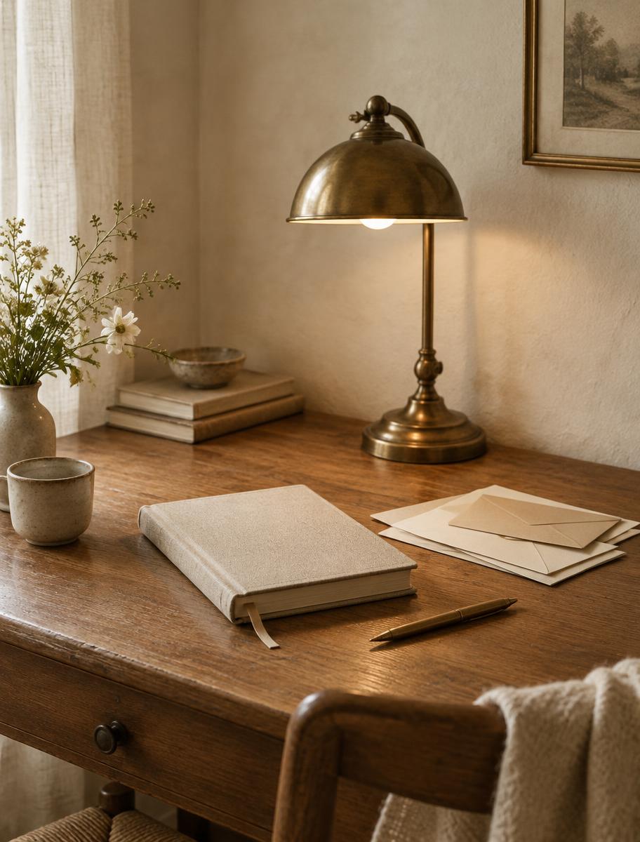A warm writing desk with a linen journal, envelopes and a glowing brass lamp